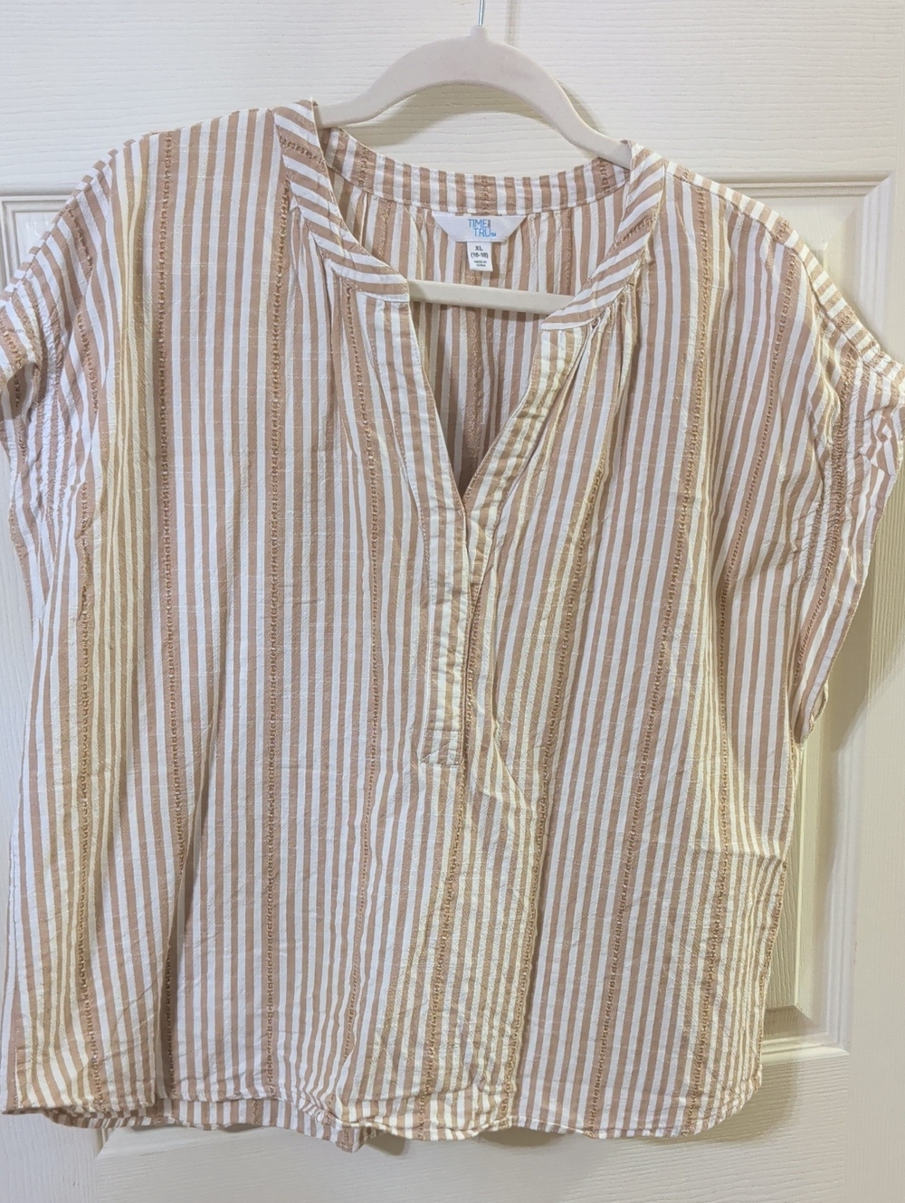 Time and Tru Beige and White Striped V-Neck Top